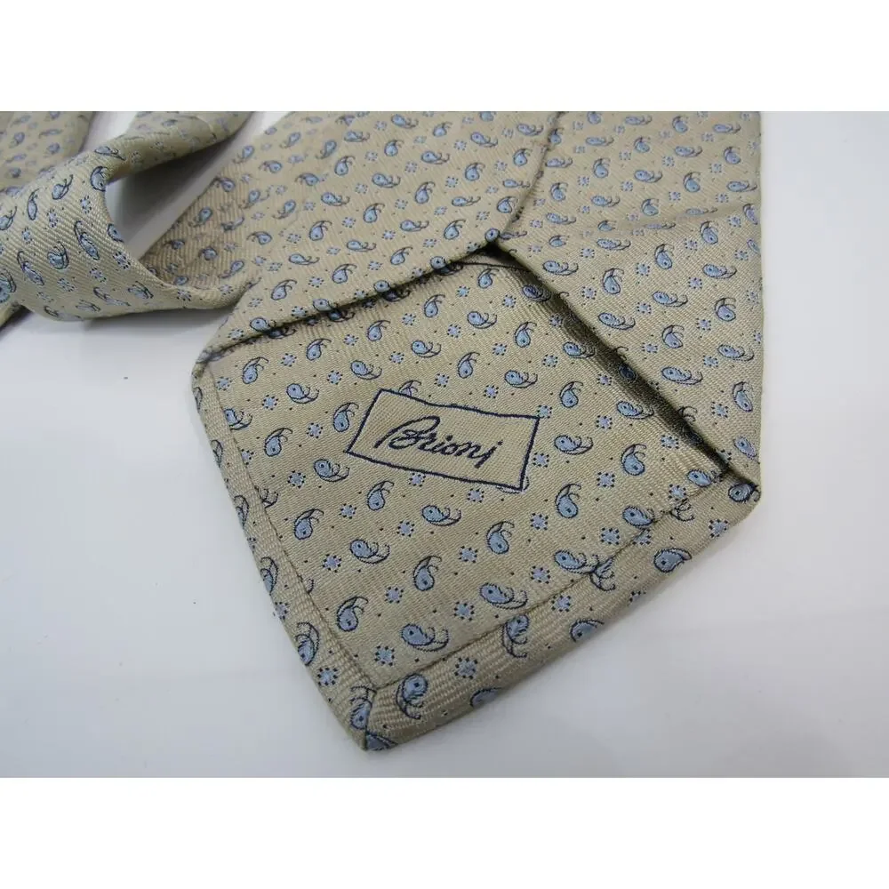 Brioni Silk Tan With Blue Micro Paisley Print Handmade in Italy Tie Neckwear